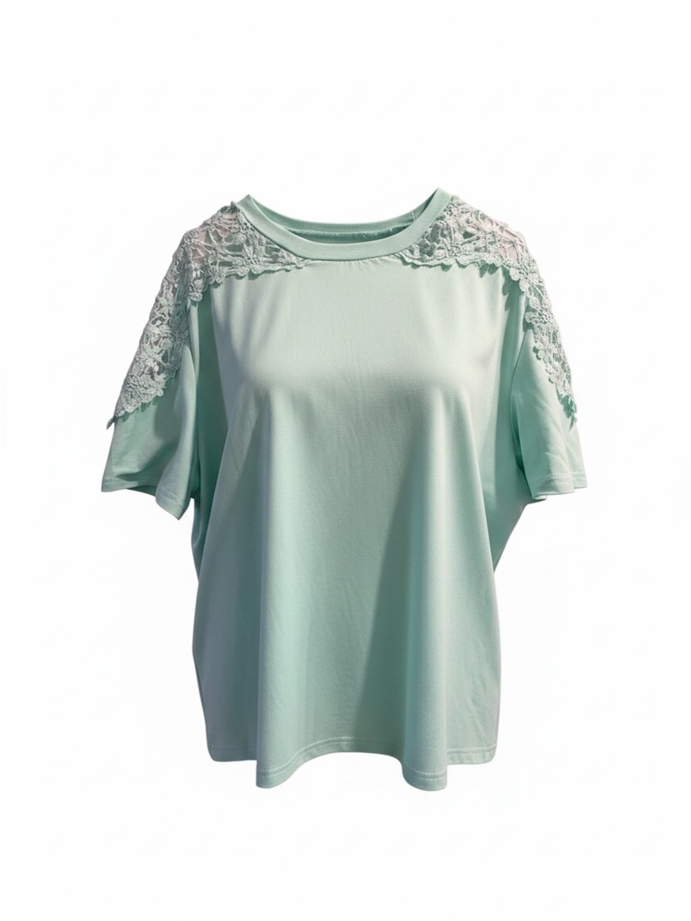 Lace-Shoulder Short Sleeve Tee in Mint. No size listed, but appears to be. 2X